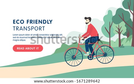 Eco friendly transport landing design. Young hipster man riding a bicycle on a park road.  Vector cartoon flat illustration.