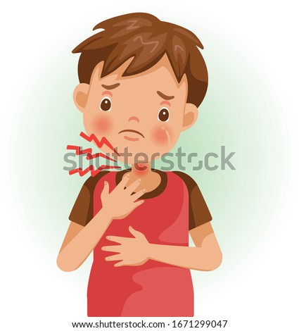 Sore throat or pain. The boy is sick, Sick person and feeling bad. Cartoons showing negative gestures and feelings. The child is a patient. Cartoon vector illustration. Royalty-Free Stock Photo #1671299047