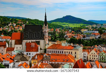 Scenic aerial view over the old Town of Cesky Krumlov, Czech Republic. UNESCO World Heritage Site