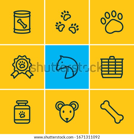 Vector illustration of 9 zoo icons line style. Editable set of horse, hamster cage, pet award and other icon elements.
