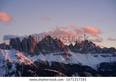 View to the famous Seceda mountains located in South Tyrol in the evening    