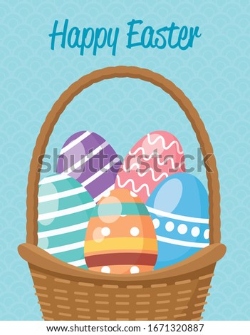 happy easter seasonal card with eggs painted in basket vector illustration design