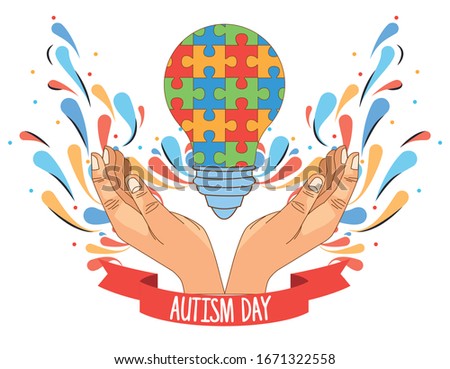 world autism day with hands and puzzle game pieces vector illustration design