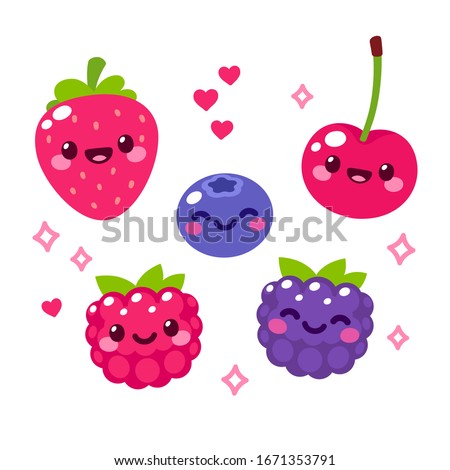 Kawaii cartoon berries set. Funny fruit characters with smiling faces, hearts and sparkles. Cute and simple doodle style drawing, isolated vector clip art illustration.