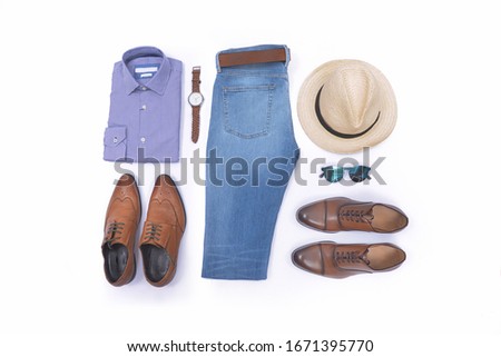 Men's casual outfit. Men's fashion clothing and accessories on white background ,flat lay,
