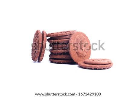 A picture of homemade chocolate cream biscuits on isolated white background.