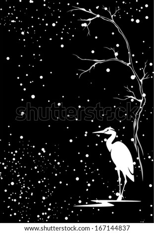 winter vector background with white heron bird under snowfall against black