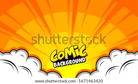 Sunset bright pop art comic background with halftone color and funny cloud vector Royalty-Free Stock Photo #1671463420