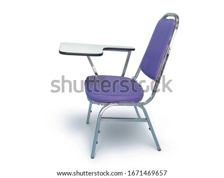 Purple student chair with small folding swing table on white floor