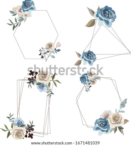 set of flower frame with blue and brown color for wedding invitation. edited and isolated