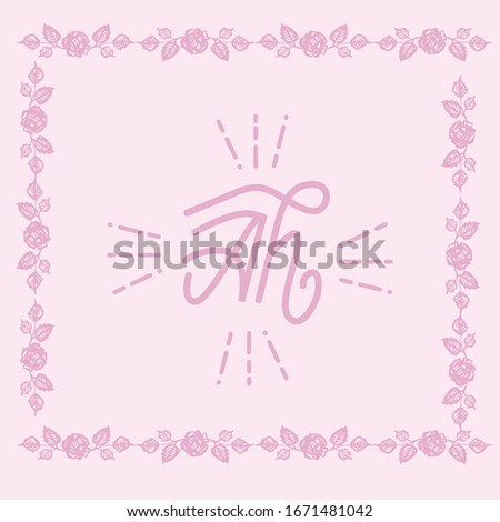 Square frame of rose flower and leaves. In the center of the hand-made inscription is Ah with diverging rays in different directions. Vector illustration.