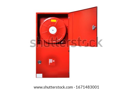 Red fire water hose a cabinet isolated on white background