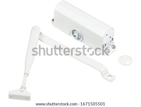 Automatic white hydraulic door closer leaver hinge isolated on white background.