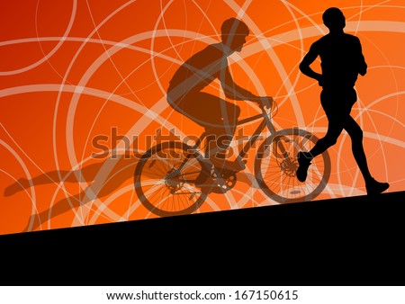 Triathlon marathon active young men swimming cycling and running sport silhouettes collection vector abstract background illustration