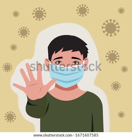 Little boy wearing mask and showing his clean hand as sign to stop corona virus. Flat style vector minimalist design