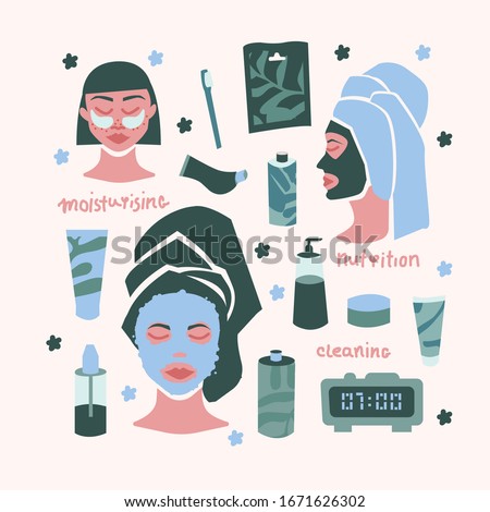 Vector clip art with girls and cosmetics. Girl with cleaning bubble mask after shower. Morning routine. Moisturising, nutrition. Cosmetology industry, selfcare. Isolated on white. Cartoon style. 