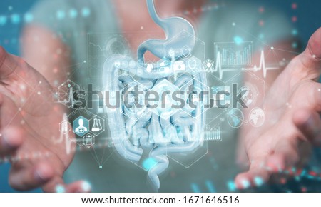 Woman on blurred background using digital x-ray of human intestine holographic scan projection 3D rendering Royalty-Free Stock Photo #1671646516