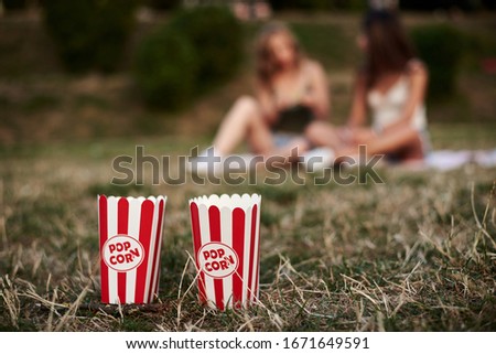 Two red and white boxes of popcorn, standing on green pale grass in city park, with blurred people at the background, Close-up picture of snack boxes at fun fair in theme park. Summertime. Fast food.