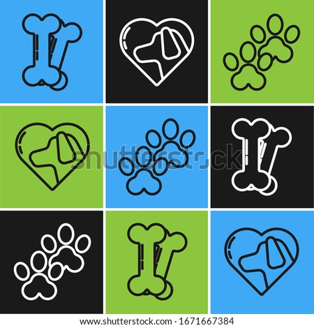 Set line Dog bone, Paw print and Heart with dog icon. Vector