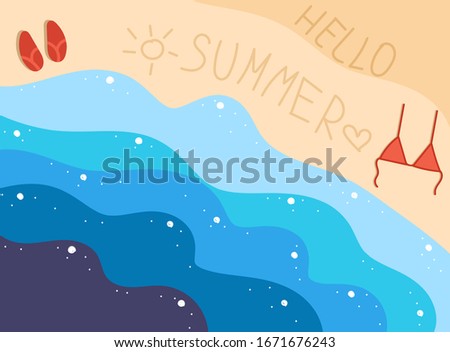 Hand drawn vector illustration with sea coast, beach in minimal trendy flat design style, ideal for poster, banner, background