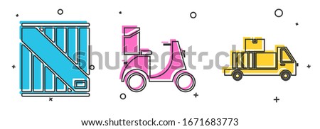 Set Wooden box , Scooter delivery  and Delivery truck with cardboard boxes icon. Vector