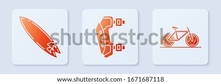 Set Knee pads, Surfboard and Bicycle. White square button. Vector