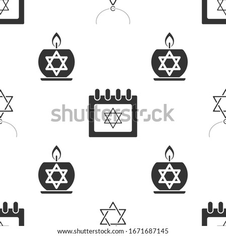Set Star of David necklace on chain, Jewish calendar with star of david and Burning candle in candlestick with star of david on seamless pattern. Vector