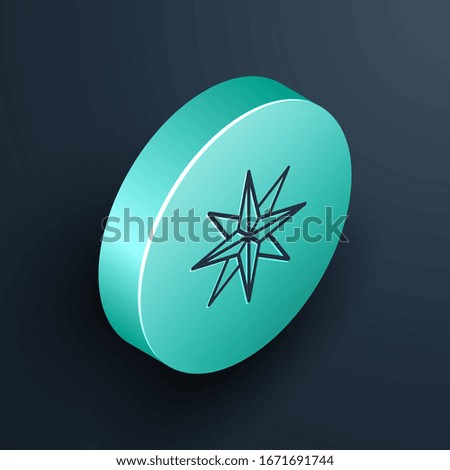 Isometric line Wind rose icon isolated on black background. Compass icon for travel. Navigation design. Turquoise circle button. Vector Illustration
