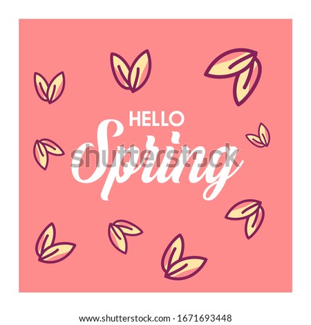 Design banner with hello spring logo. Card for spring season with white frame and herb. Promotion offer with spring plants, leaves and flowers decoration. spring sale. flat illustration.