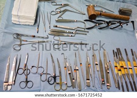 Surgery tools and medical stuff used in maxillofacial surgery by surgeons in operation room