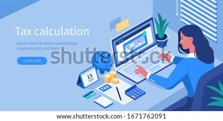 Financial Consultant sitting at Office Desk with  Documents for Tax Calculation. Woman Preparing Financial Tax Report. Accountant  at Work. Accounting Concept. Flat Isometric Vector Illustration. Royalty-Free Stock Photo #1671762091