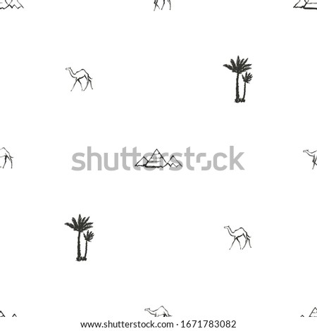 Egypt symbol seamless with pyramids, camels, palm trees. Ancient line pattern design. Africa hand drawn vector illustration. Linear black sketch on white background.