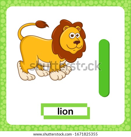 Letter L lowercase with cute cartoon character Lion isolated on white background. Funny colorful flashcard Zoo and animals ABC alphabet. Education card for kids learning English vocabulary, alphabet.