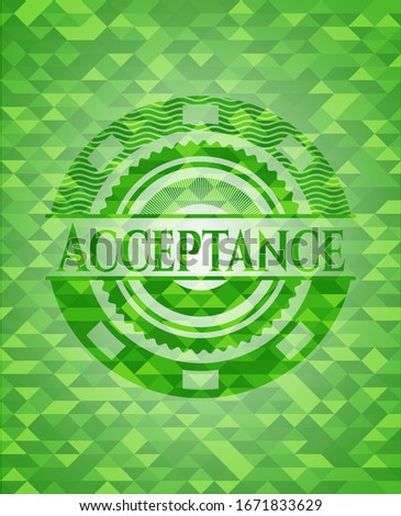Acceptance green emblem with mosaic ecological style background. Vector Illustration. Detailed.