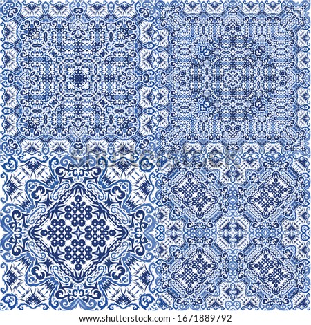 Portuguese vintage azulejo tiles. Universal design. Vector seamless pattern frame. antique background for pillows, print, wallpaper, web backdrop, towels, surface texture.