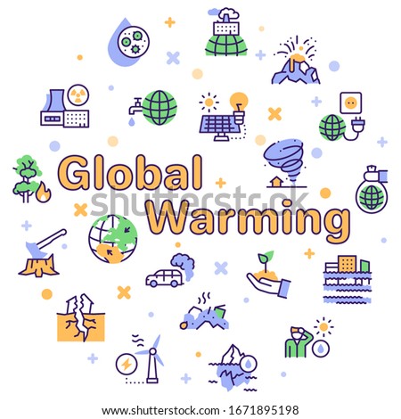 Climate change and global warming color linear icon set. Natural disaster and ecology concept. World increasing and lowering temperature, globe nuclear and air co2 pollution. Melting ice