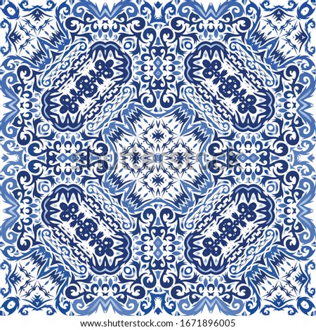Ornamental azulejo portugal tiles decor. Universal design. Vector seamless pattern concept. Blue gorgeous flower folk print for linens, smartphone cases, scrapbooking, bags or T-shirts.