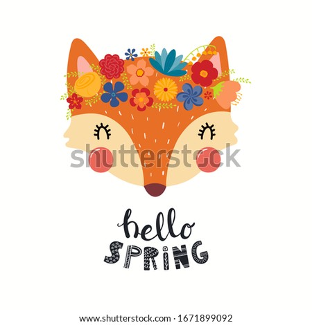 Hand drawn vector illustration of a cute fox face in a flower crown, with lettering quote Hello Spring. Isolated objects on white. Scandinavian style flat design. Concept for children print.