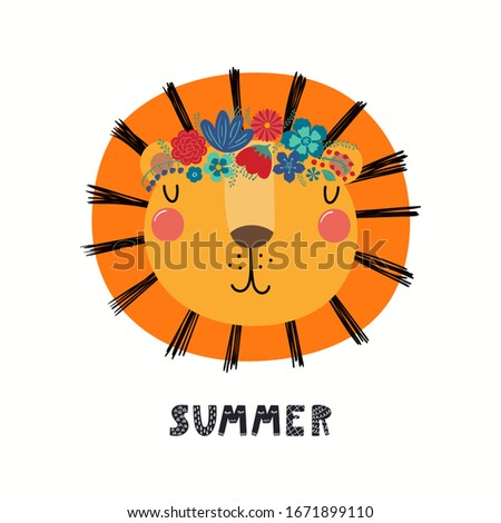 Hand drawn vector illustration of a cute lion face in a flower crown, with lettering quote Summer. Isolated objects on white. Scandinavian style flat design. Concept for children print.