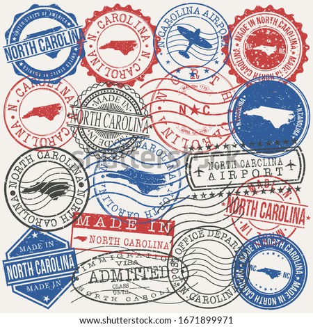 North Carolina, USA Set of Stamps. Travel Passport Stamps. Made In Product. Design Seals in Old Style Insignia. Icon Clip Art Vector Collection.