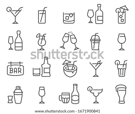 Alcohol and cocktails icon set. Collection of linear simple web icons such as glasses, spirits, beer, bar, champagne, whiskey, wine etc. Editable vector stroke. Royalty-Free Stock Photo #1671900841