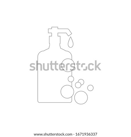 The picture of a bottle with droplets and bubbles illustrates a hand soap bottle icon. Flat illustration of hand soap bottle vector icon. Hand soap bottle symbol. Hand soap vector in white background.