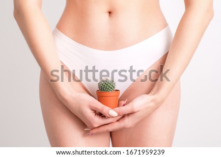 Woman holds cactus in pot on white panties background, epilation concept, intimate hygiene.