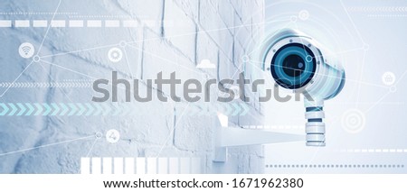 CCTV camera with ai technology of web configuration and connecting to clouds data base. Identification of persons, national security system. Safety and guarding concept. Royalty-Free Stock Photo #1671962380