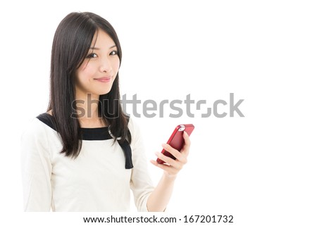 attractive asian businesswoman using smart phone on white background