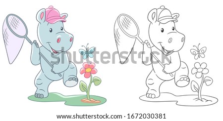 Coloring page. Colouring picture with hippo catching butterfly. Cartoon animal clipart set for nursery poster, t shirt print, kids apparel, greeting card, wallpaper or banner.
