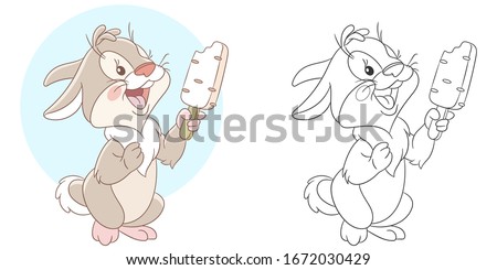 Coloring page. Colouring picture with bunny. Cartoon animal clipart set for nursery poster, t shirt print, kids apparel, greeting card, wallpaper or banner.