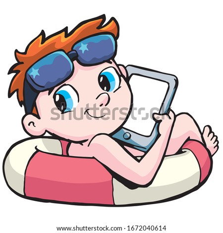 boy floats in a life belt and holds a tablet