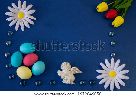 Holiday card for Easter, template, banner, copy Space on blue background.