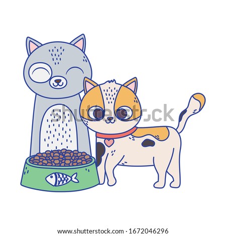 cats make me happy, cute cats with bowl food cartoon vector illustration
